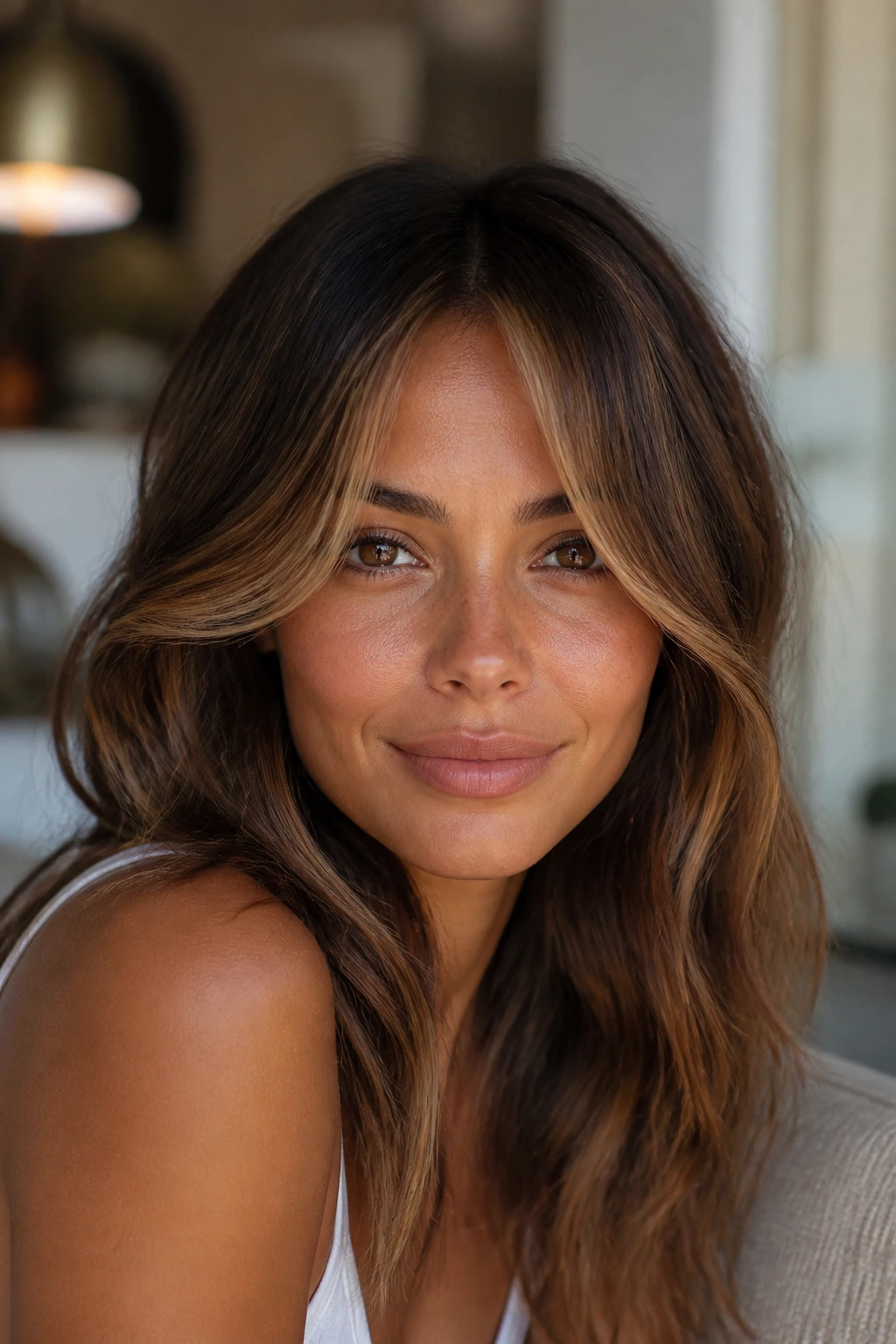Close-up of a real woman with honey-toned curtain bangs framing the eyes
