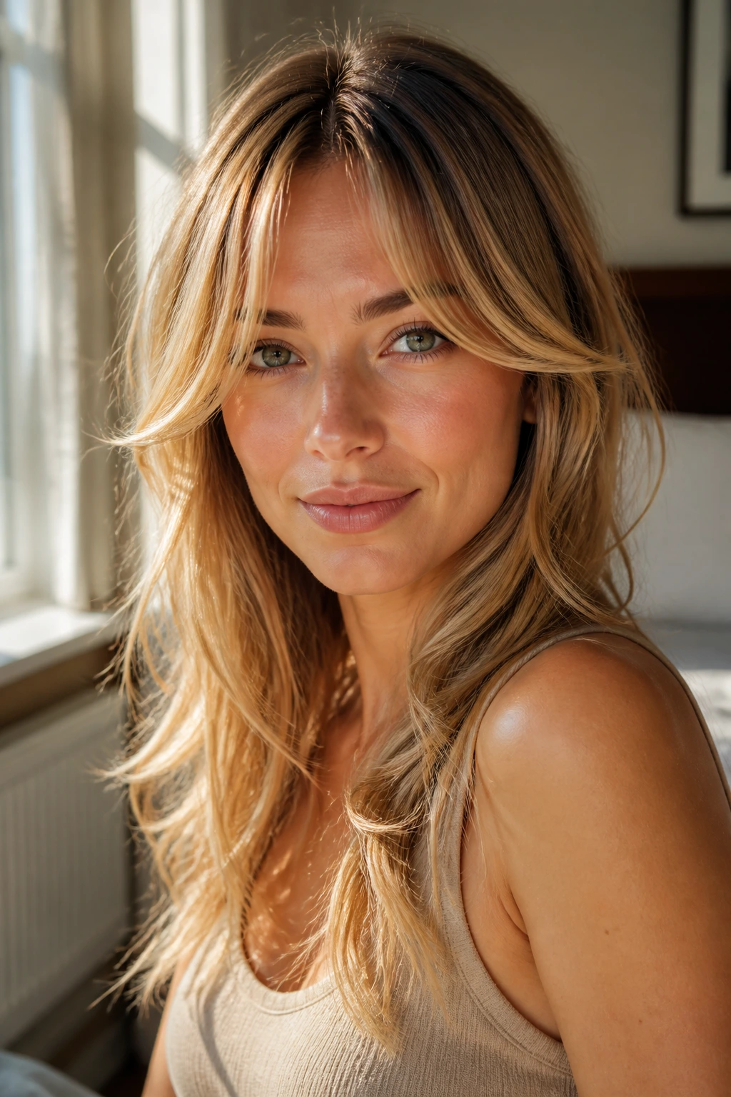 Close-up portrait of a woman with honeyed curtain bangs and face-framing pieces in warm daylight