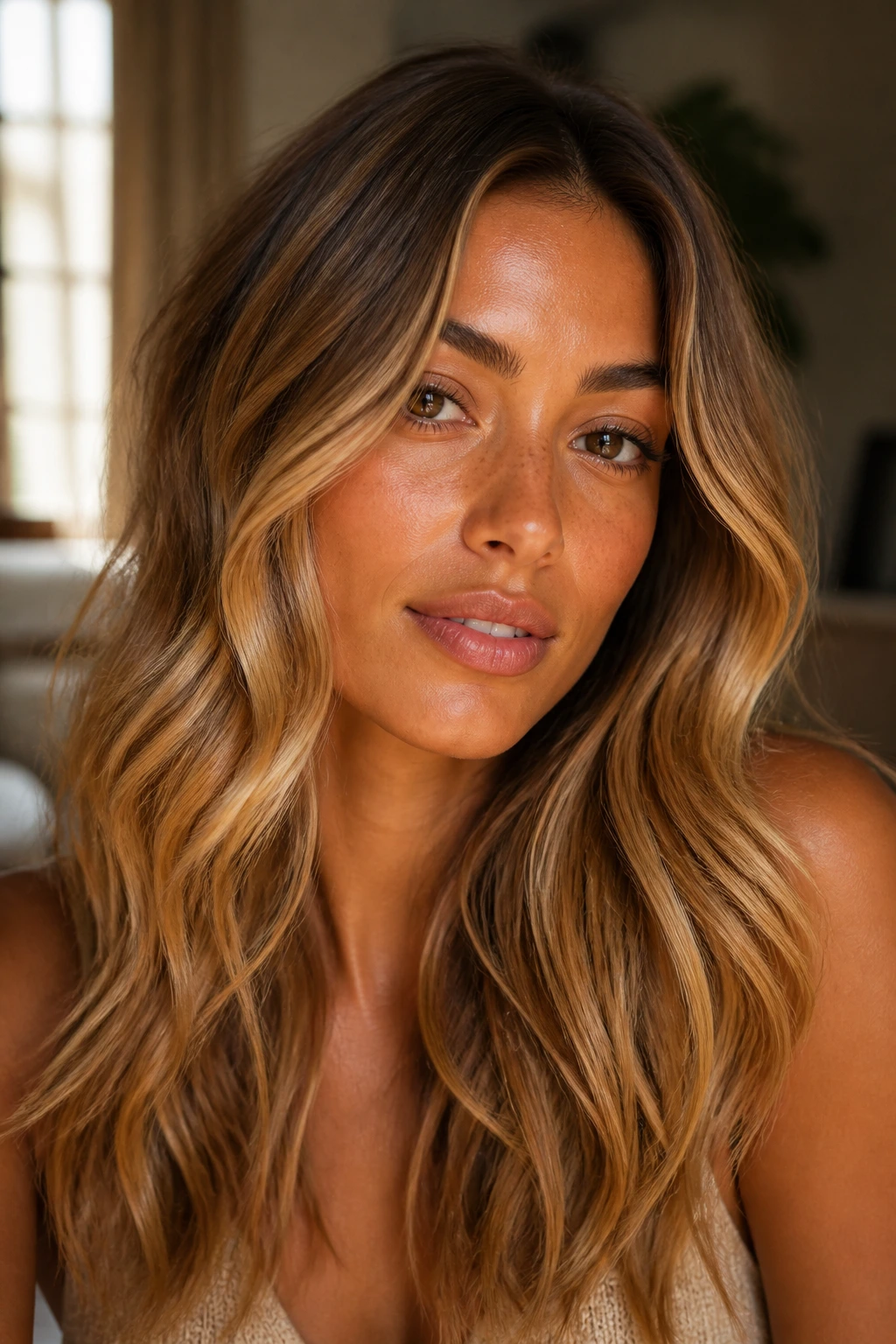 Real person with tan skin and honeyed dark blonde hair in soft waves