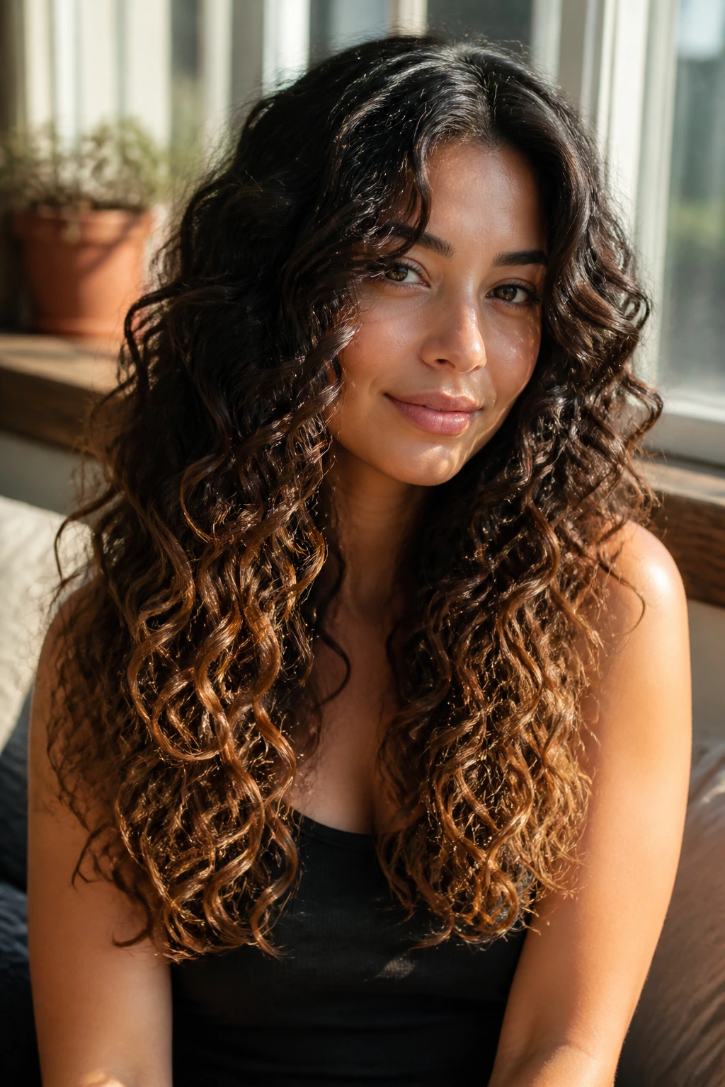 Portrait of deep brunette hair with honeyed ends radiating brightness.