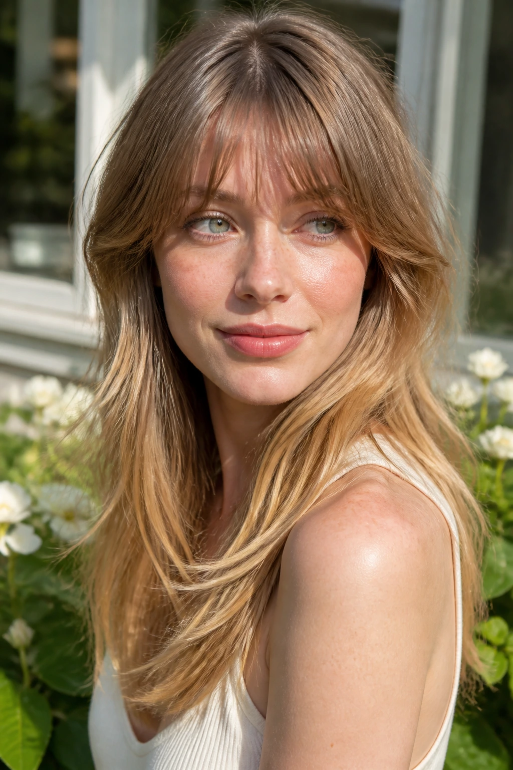 Portrait of a woman with honeyed ends and feathered bangs