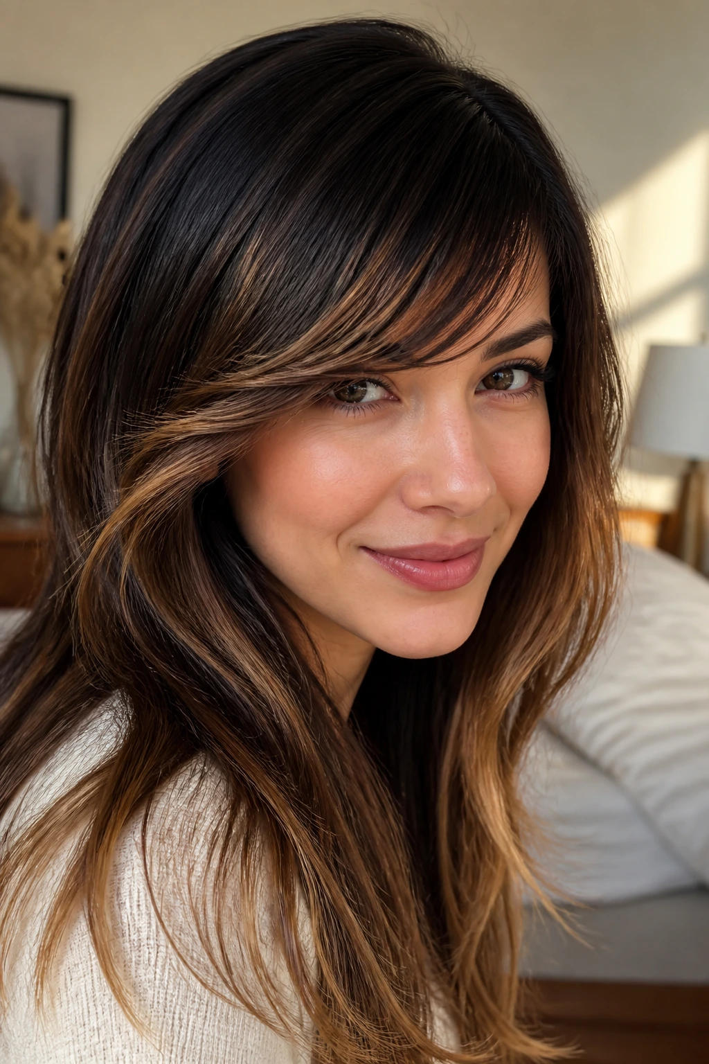 Close-up portrait of a real woman with honeyed espresso highlights on a deep brunette with side-swept bangs