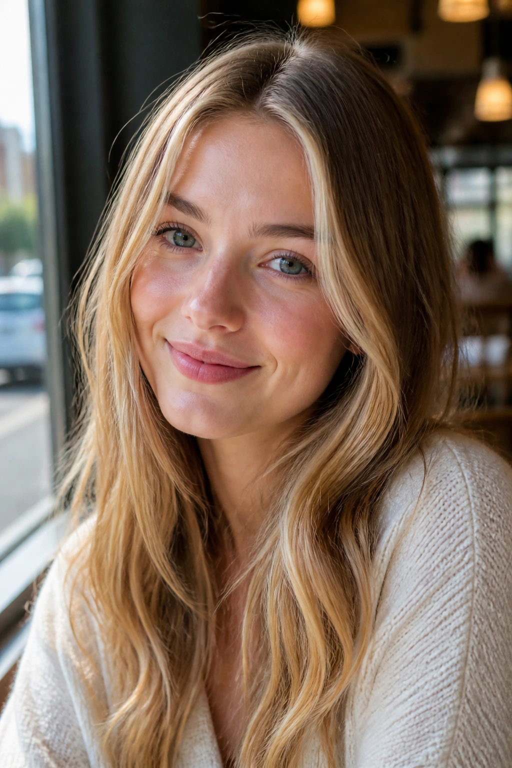 Close-up portrait of a real woman with honeyed face-framing highlights