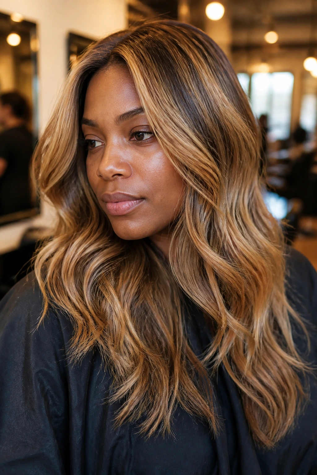 Portrait of a woman with honeyed foilyage highlights on deep skin.
