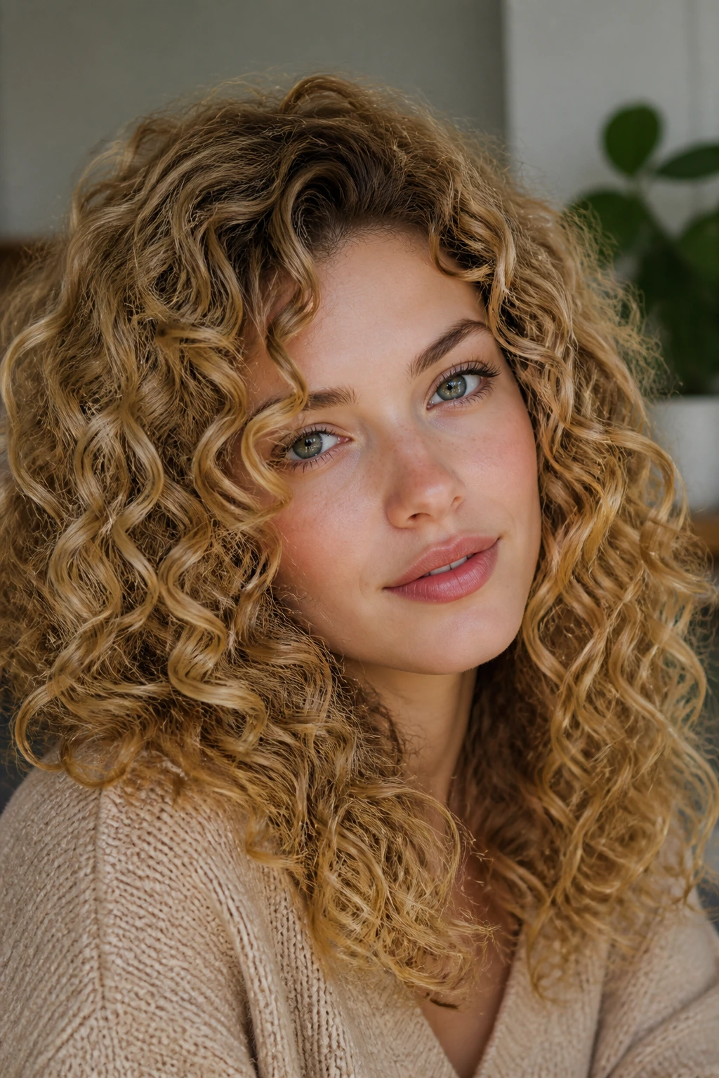 Close-up portrait of a real woman with honeyed gold curls and beige-toned depth