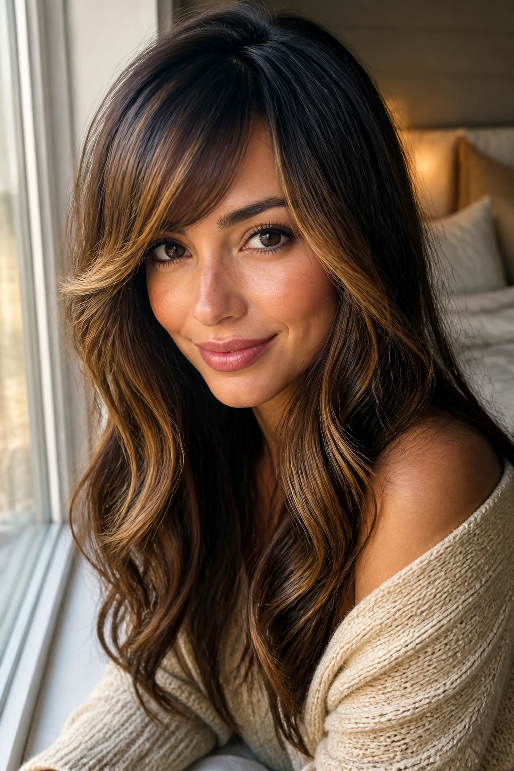 Close-up of a real woman with honeyed face-framing pieces and a side-swept bang.
