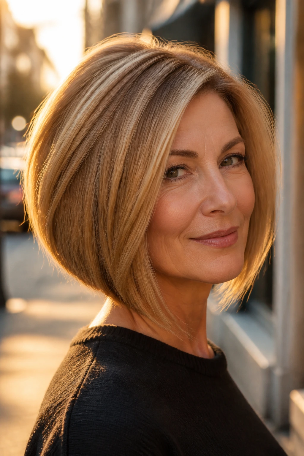 Real woman with honeyed inverted bob in golden hour light.