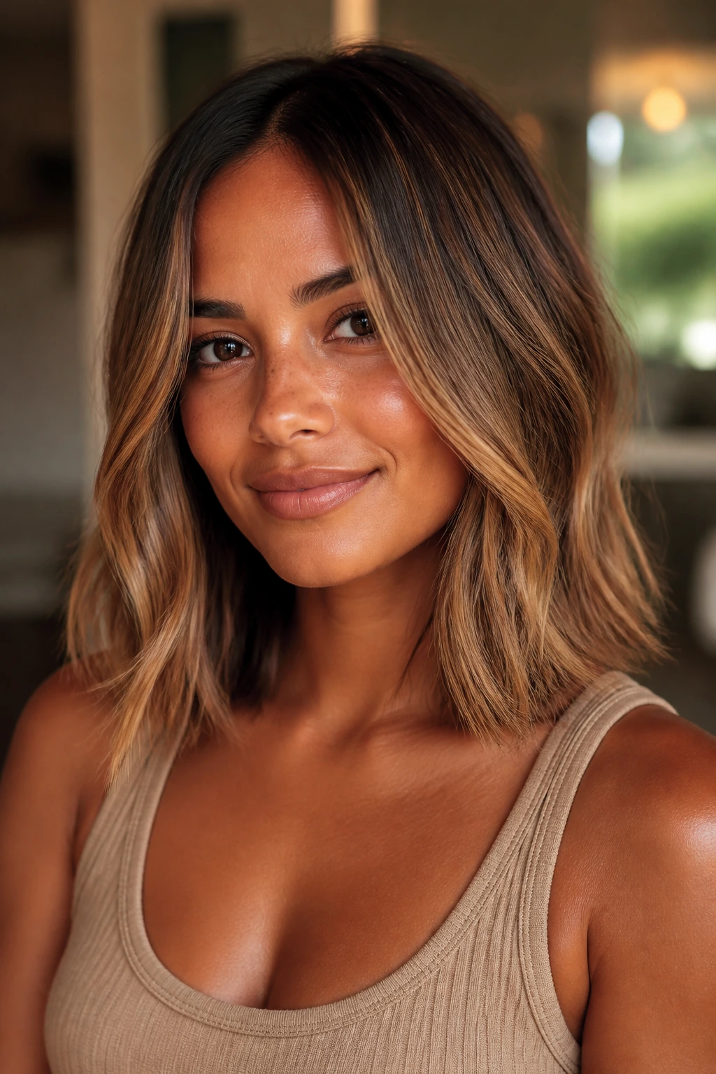 Portrait of a real person with honeyed lob and soft-ended hairstyle