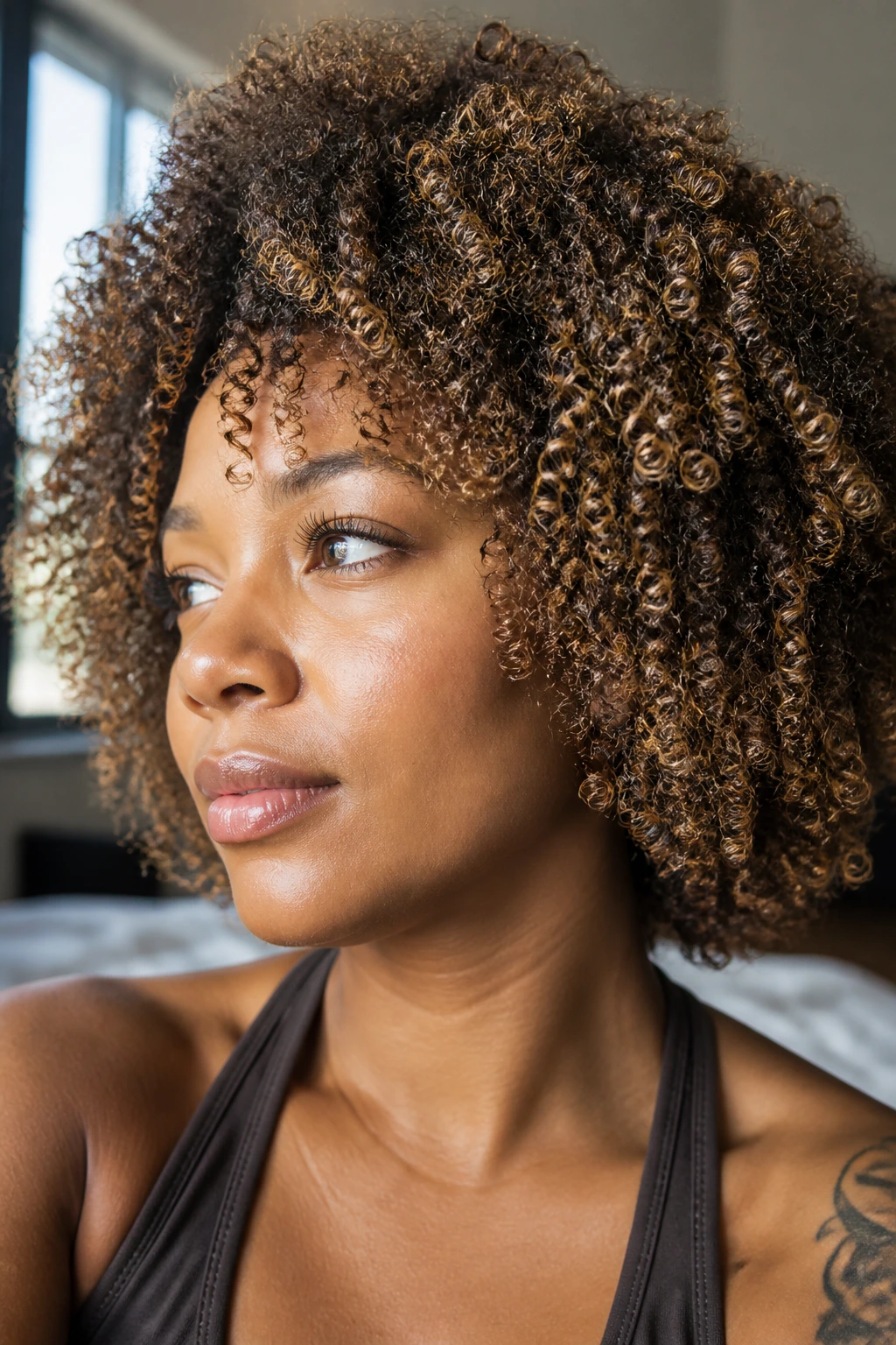 Close-up of a real woman with honeyed micro-highlights in curly hair.