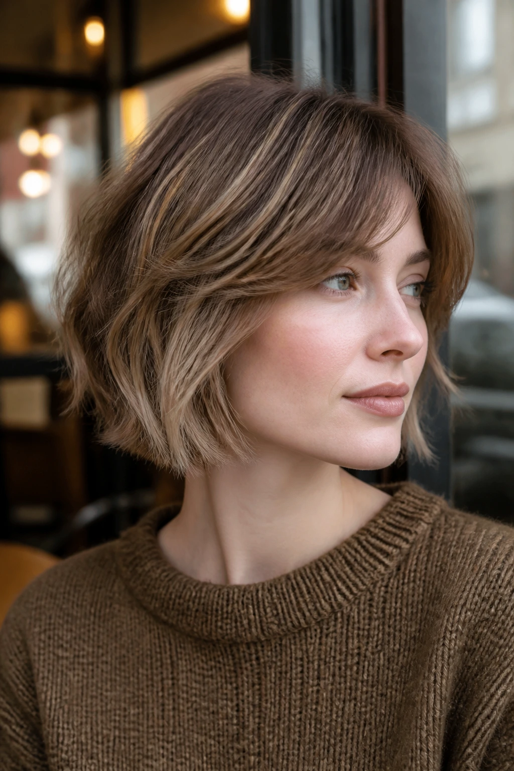 Close-up of a real person with honeyed mushroom bob under cafe window light
