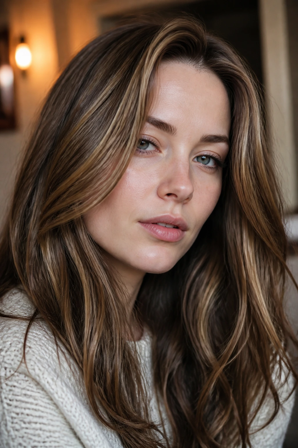 Close-up portrait of a woman with mushroom brown hair and honey-gold highlights framing the face