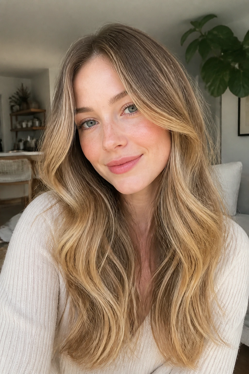 Portrait of a real woman with honeyed oat balayage and warm honey ends.