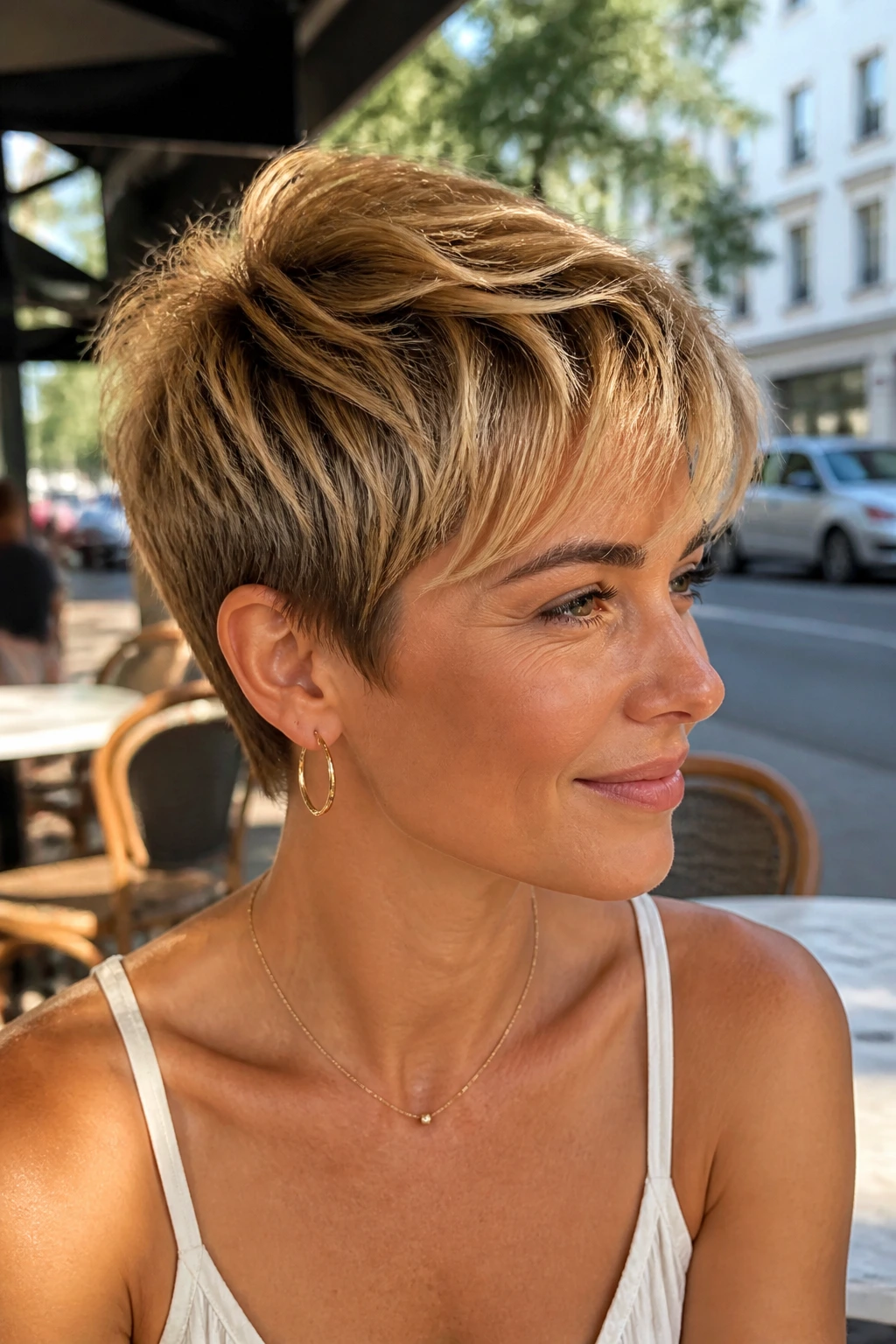Portrait of a woman with honeyed pixie highlights in warm sunlight
