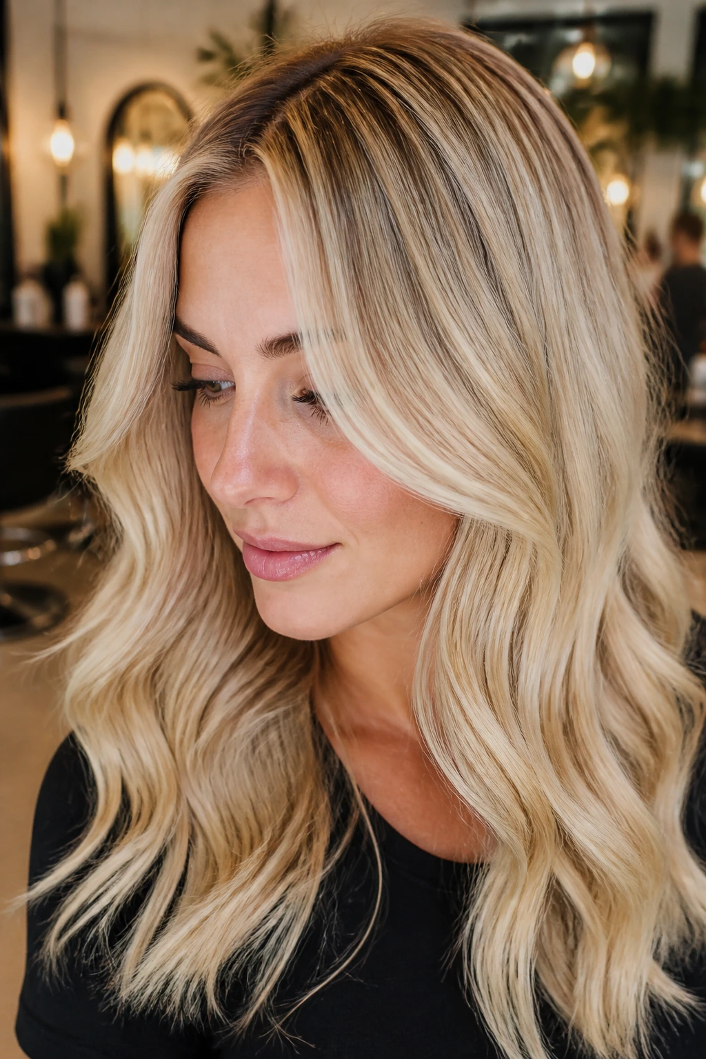 Close-up of a woman with honeyed platinum hair and warm root tap