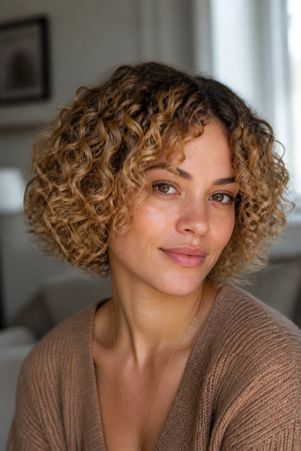Close-up portrait of a real woman with honeyed ringlet bob curls