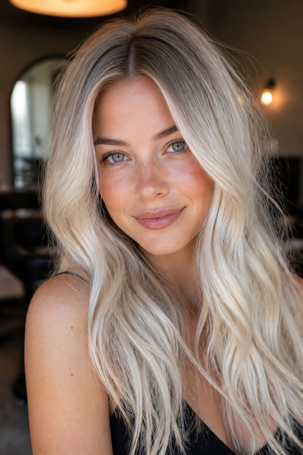 Portrait of a real person with a honeyed root melt from beige-gold roots to pale platinum ends