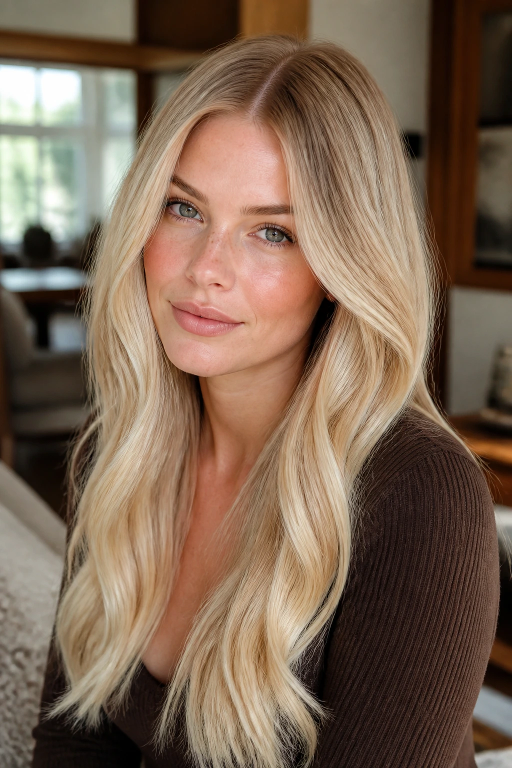 Close-up portrait of a woman with honeyed root melt platinum hair and fair skin.