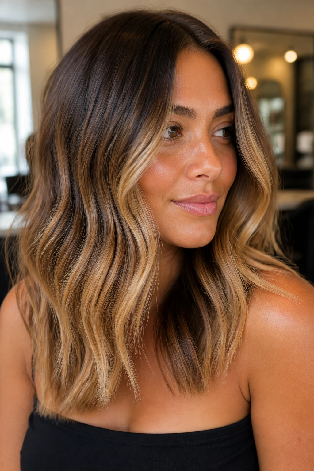 Close-up of hair showing honeyed root stretch with deep roots and honey mid-lengths on tan skin.