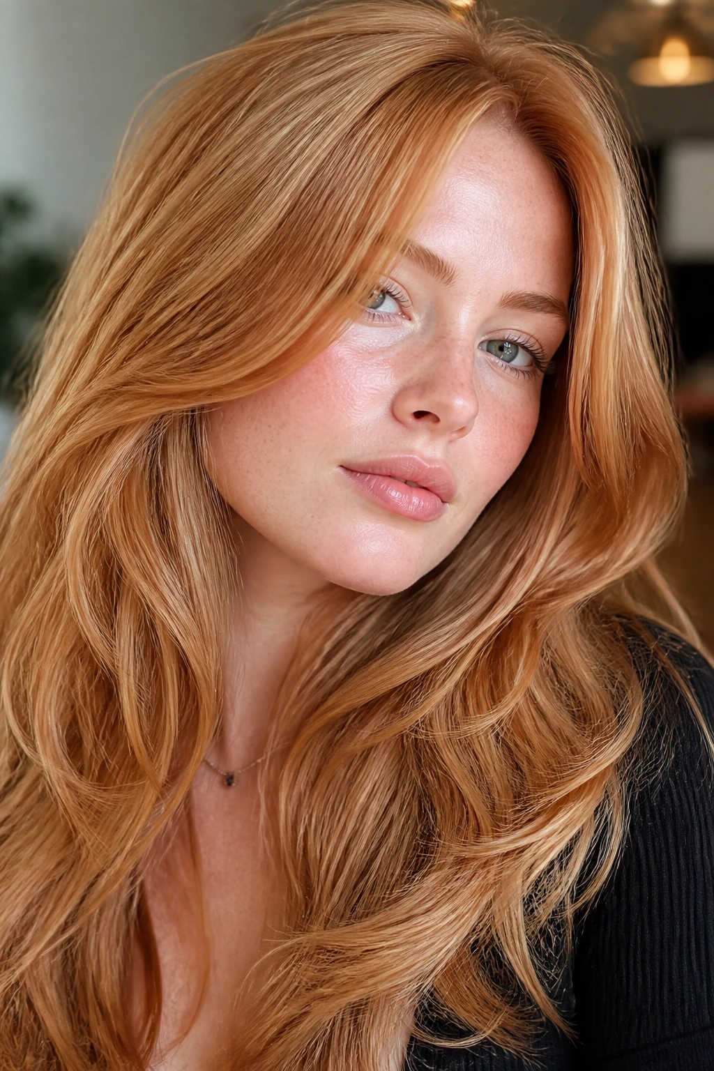 Close-up of a real woman with honeyed strawberry layered hair in warm light