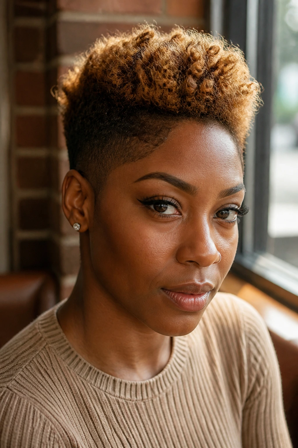 Close-up of honeyed tapered cut on a real person, warm cafe light highlighting the hair.