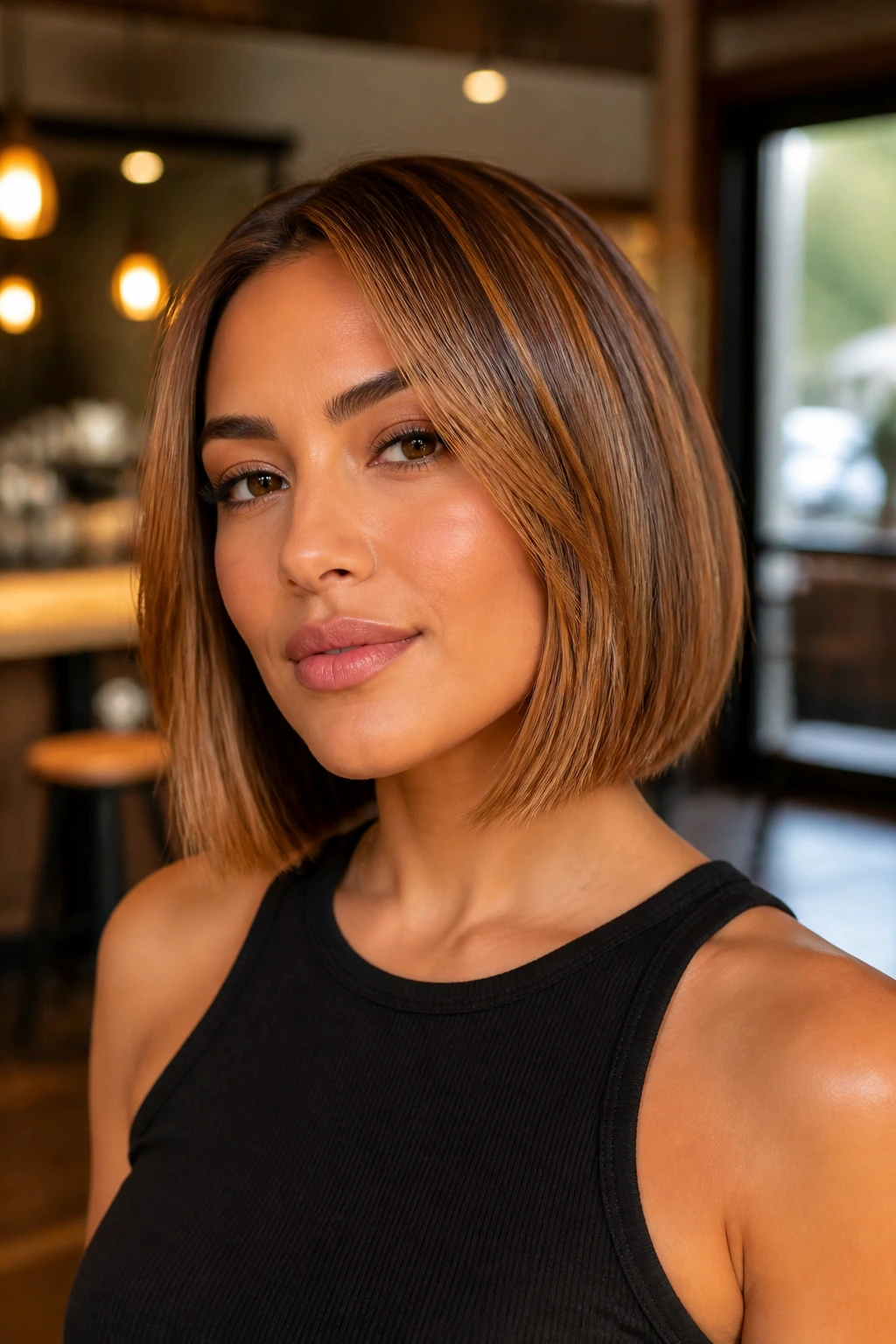 Close-up of a real person with a honeyed toffee bob color