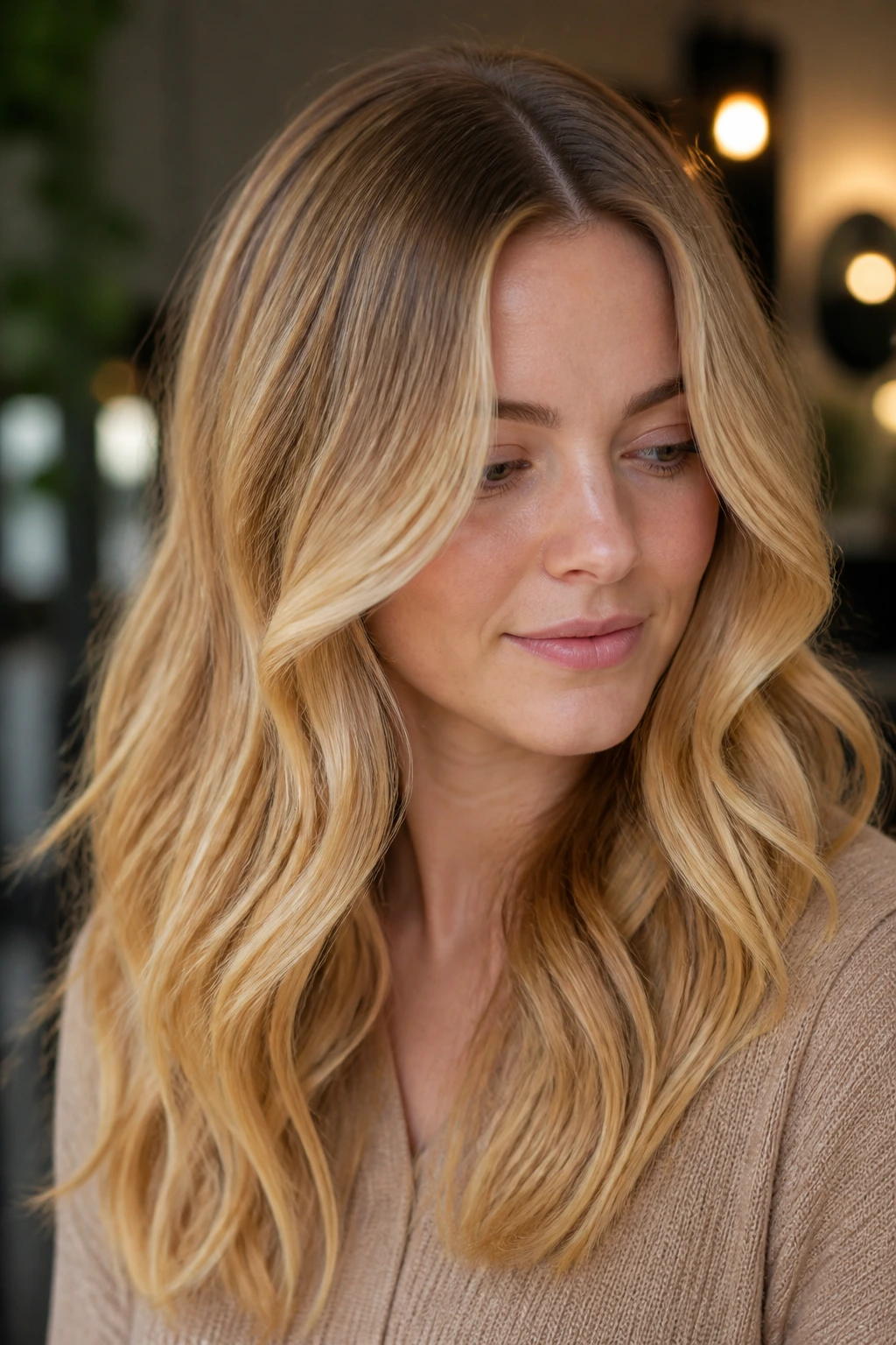 Real person with honeyed yellow balayage highlighting mid-lengths