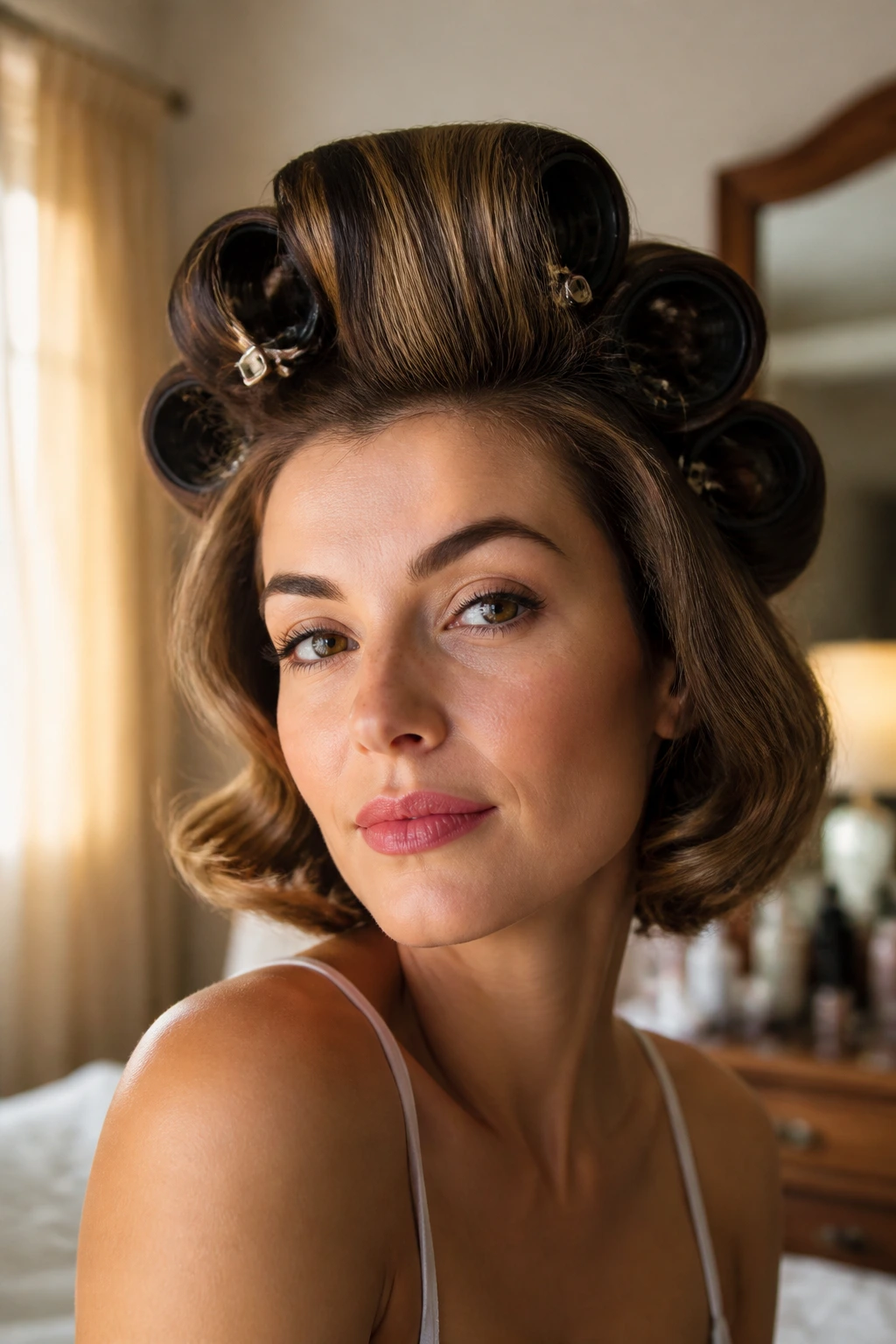 Close-up portrait of a real woman with crown lift hairstyle using large rollers, soft window light.