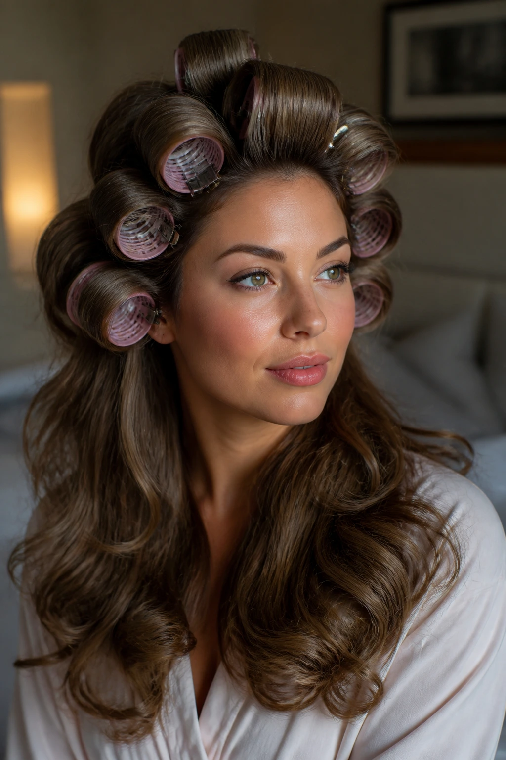 Close-up portrait of a real woman with hot-roller curls and crown lift in warm bedroom light