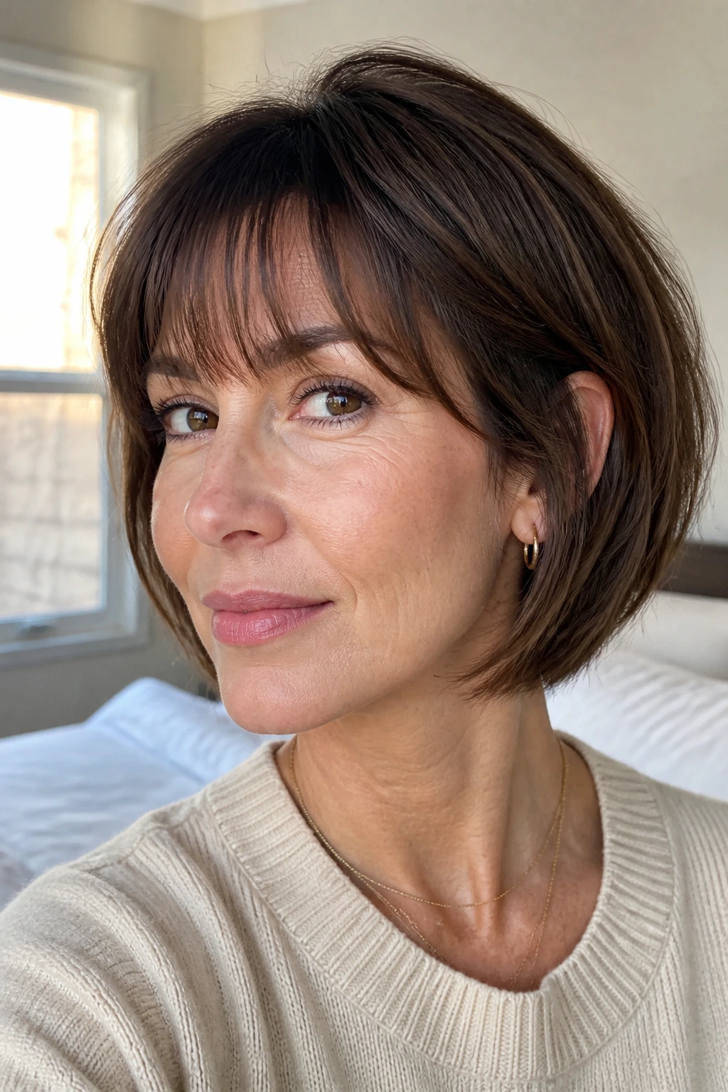Real person wearing a short human hair wig with bangs with natural hairline