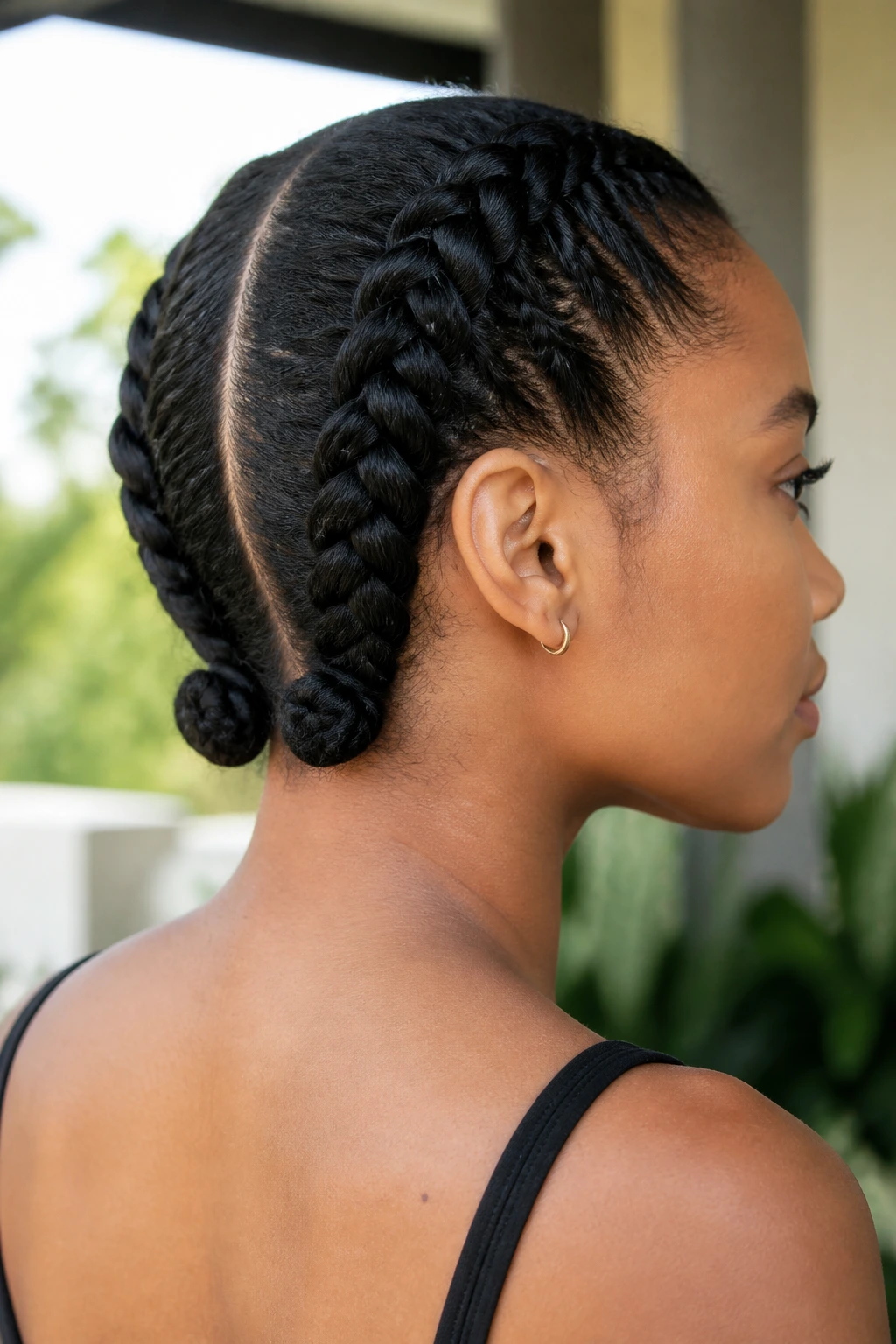 Medium close-up of a real person with low-profile Dutch braids for humid weather