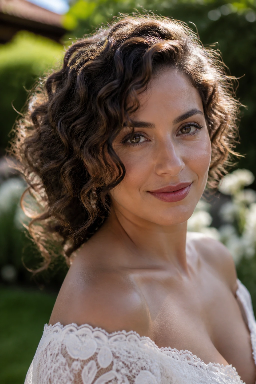 Close-up of a real woman with humidity-smart defined waves outdoors