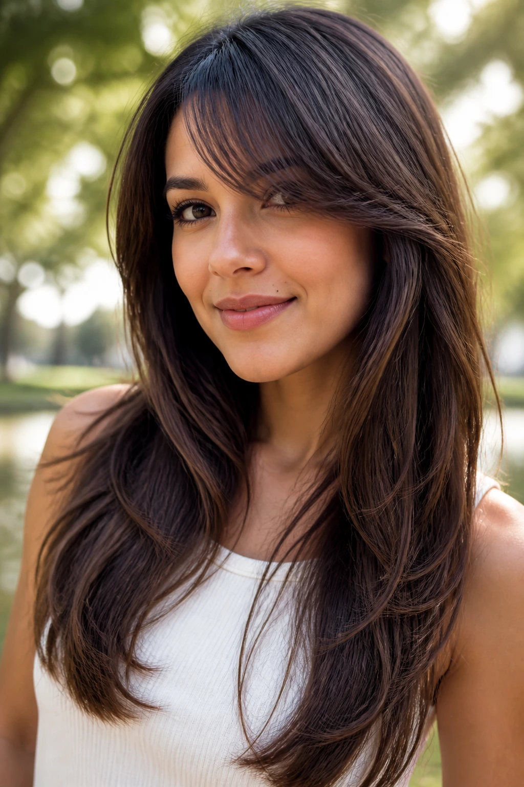 Close-up portrait of a real woman with humidity-smart layered hair bending instead of puff in natural light