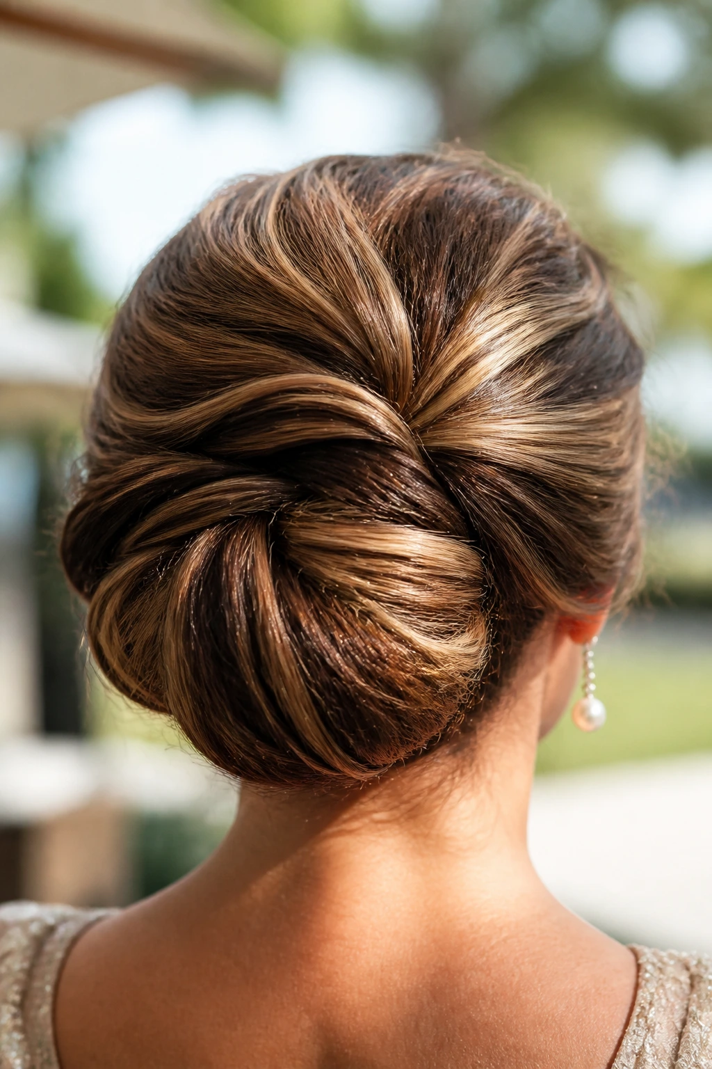 Back view close-up of a real woman with a humidity-proof updo for thick hair