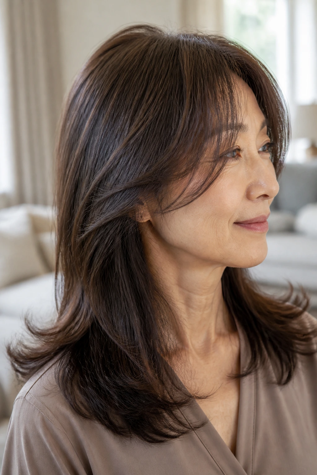 Close-up of a real woman with feathered airy ends around the cheeks
