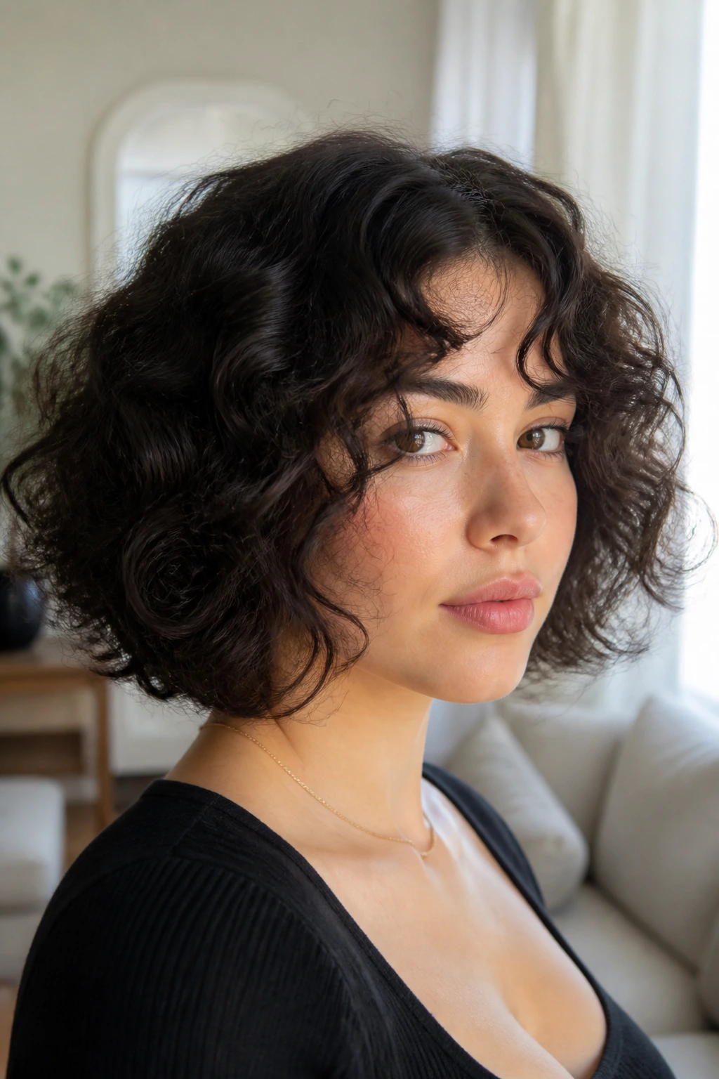 Close-up of a real woman with hush cut bob curly hair in bright room