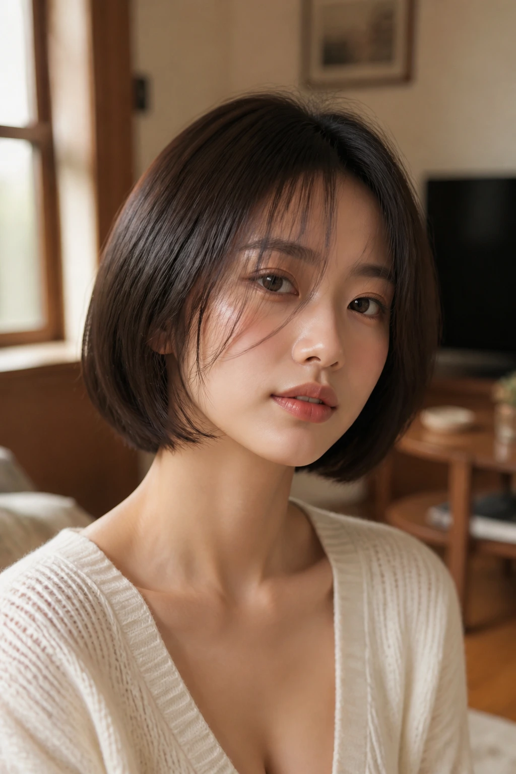 Close-up portrait of a woman with a hush-cut bob and feathered ends in a cozy setting.