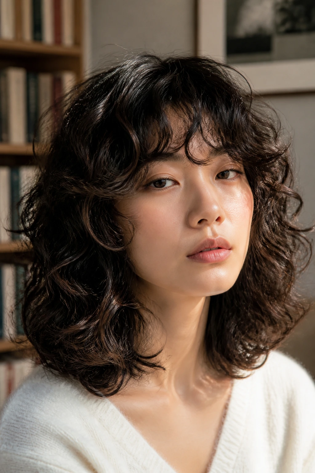 Close-up of a person with the Korean hush cut on curly medium hair