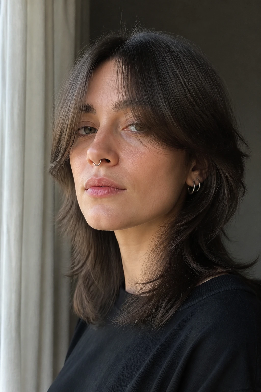 Portrait of a real person with hush cut and long fringe