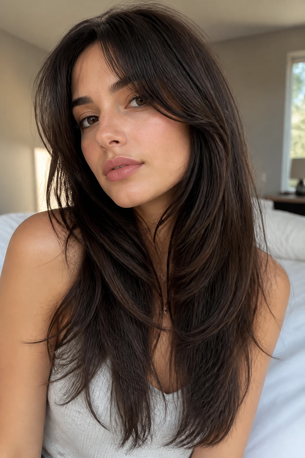 Portrait of real woman with soft, airy hush-cut long hair.