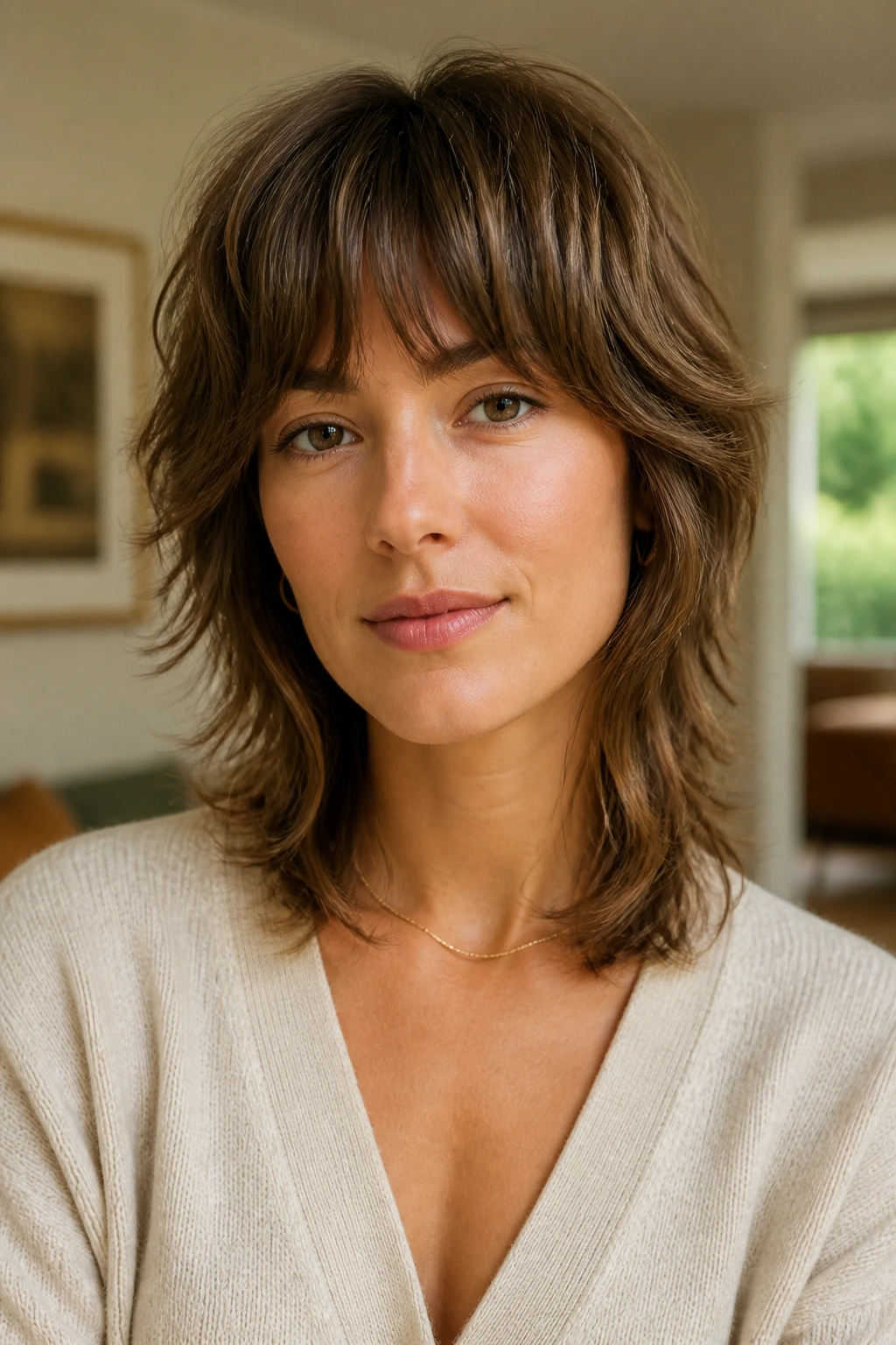 Close-up of a real person with a hushed retro shag featuring feathered cheeks and airy fringe in warm light