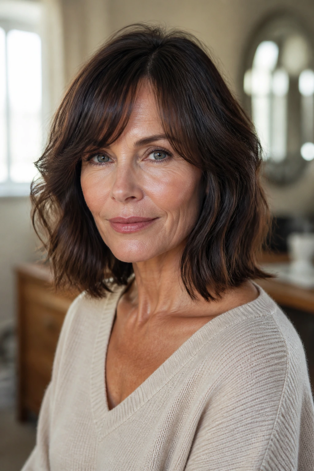 Close-up portrait of a real woman with hybrid bangs blending side-swept and curtain