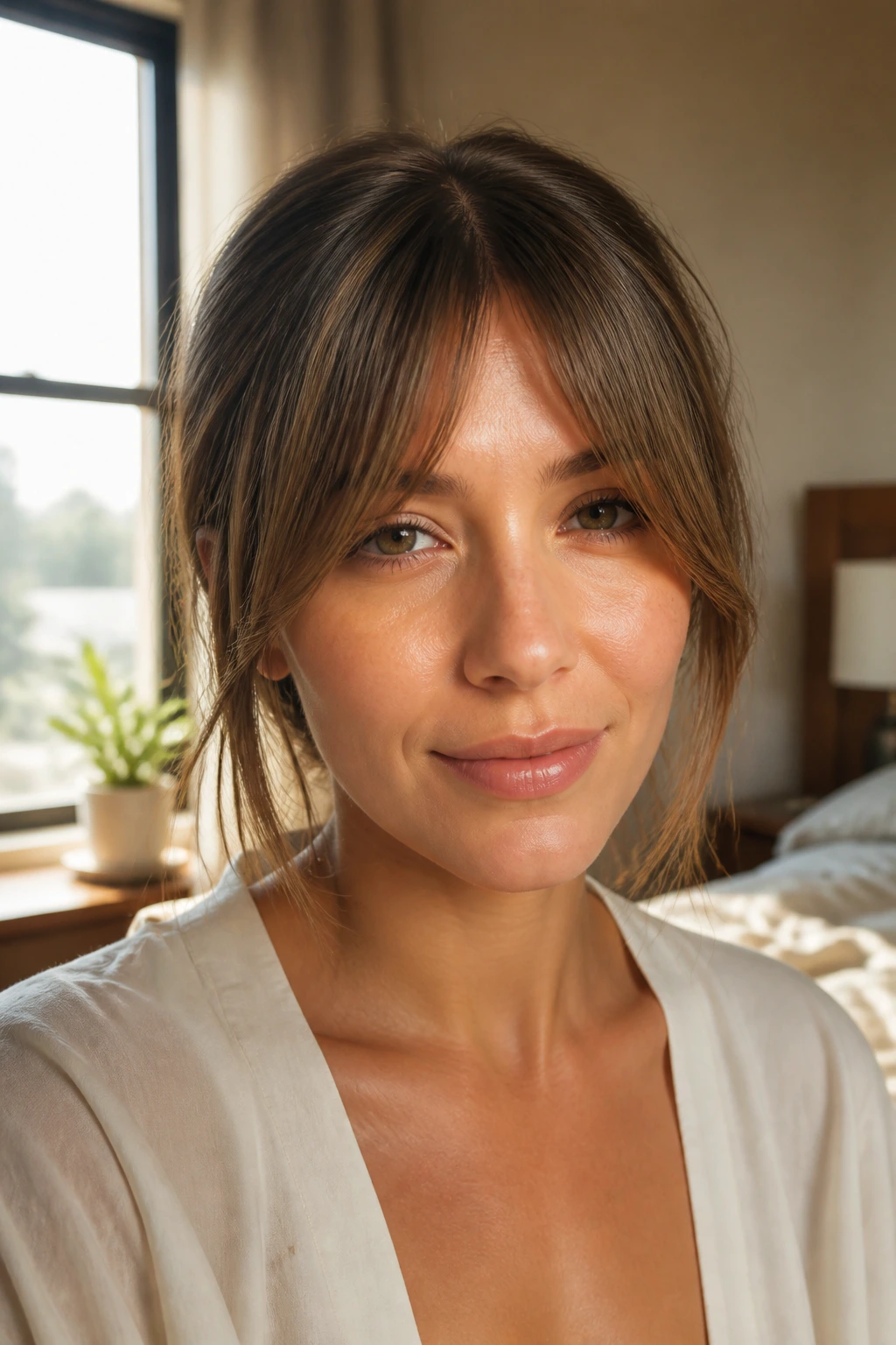 Close-up portrait of a woman with hybrid bottleneck fringe