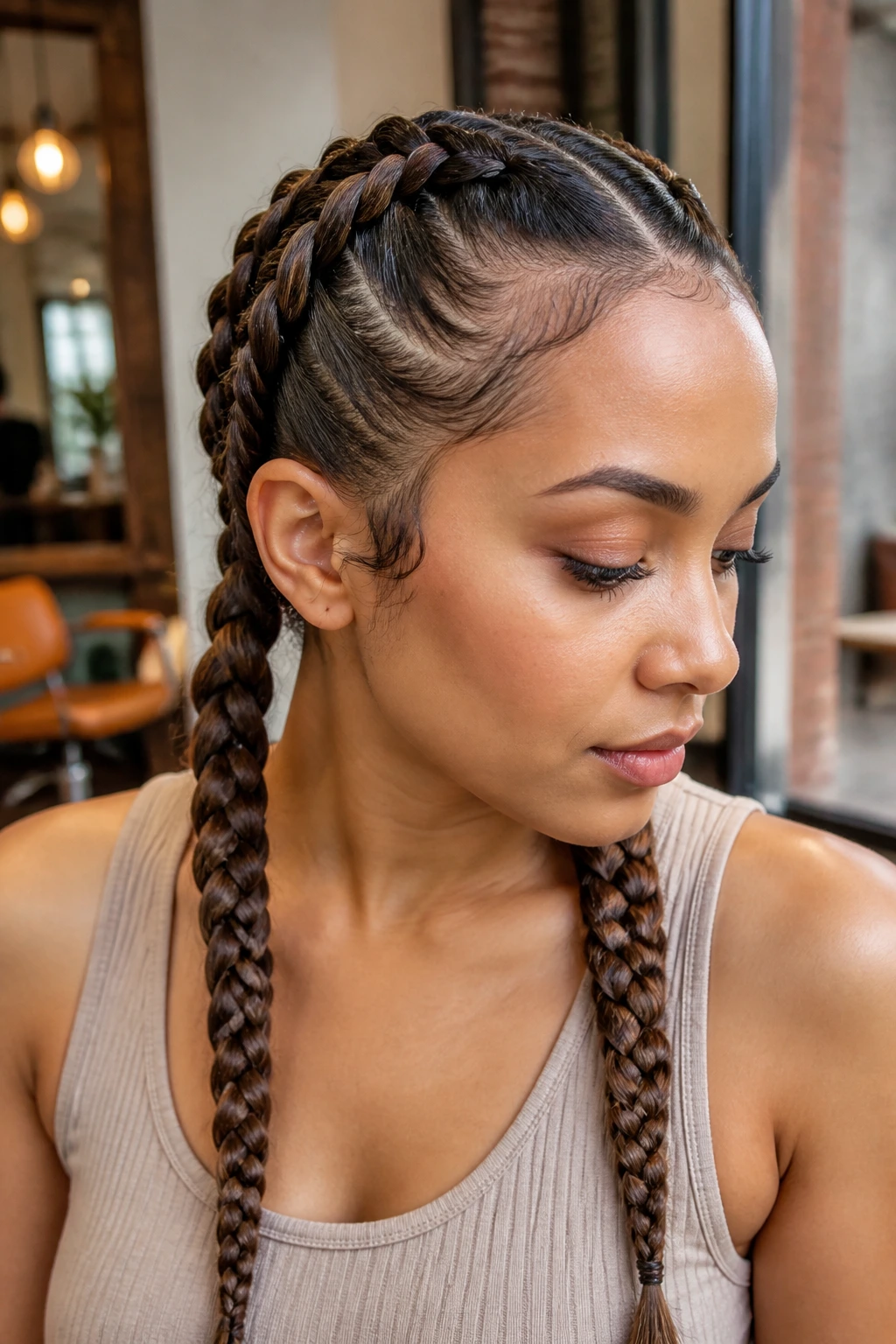 Close-up of a real woman wearing French-to-Three-Strand Hybrid Twin Braids in a cozy salon.