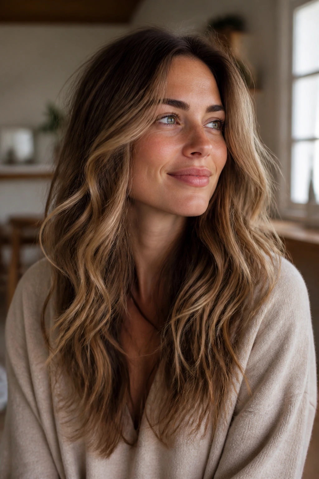 Medium close-up of a real woman with hybrid mid-length long layers