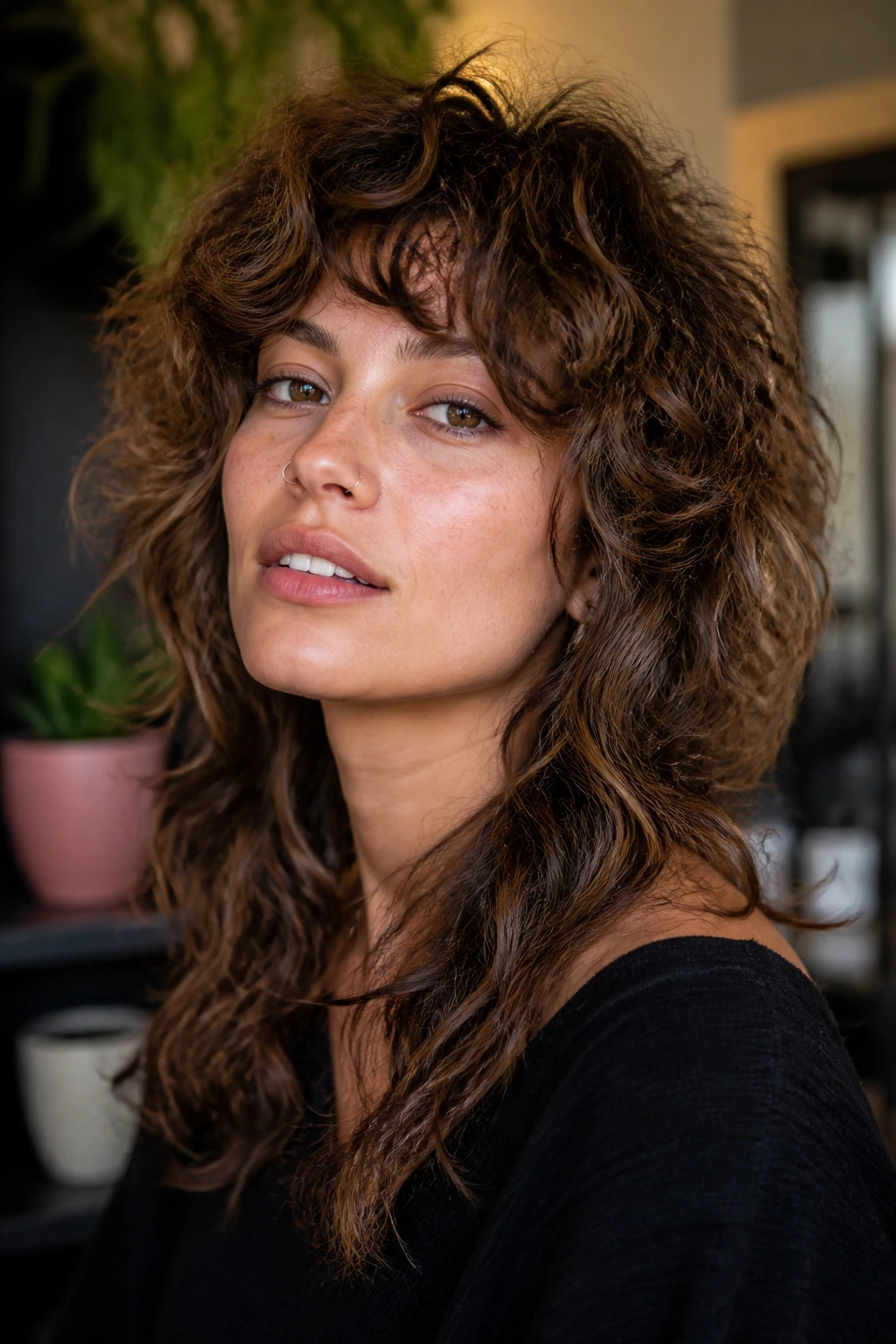 Portrait of a woman with curly-wavy hybrid shag hairstyle