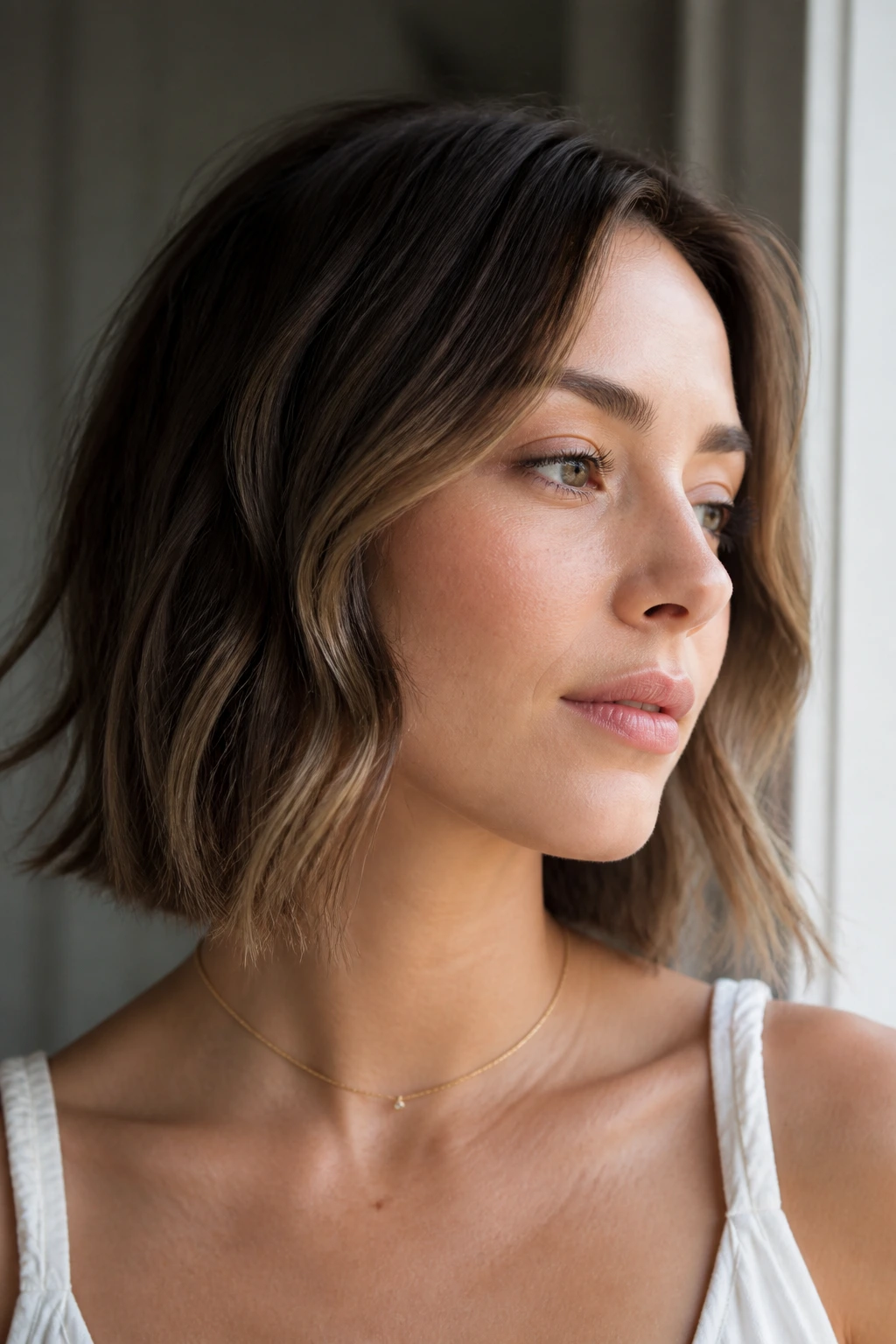 Real woman with minimal-makeup I-bend waves near cheekbone and jaw