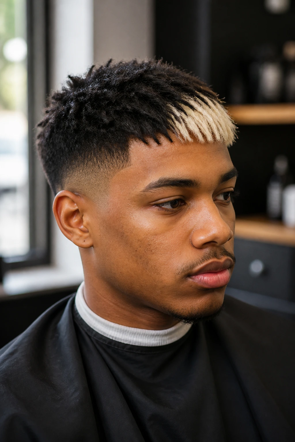 Close-up of a man with an ice-blond front panel on a textured crop in a barbershop setting