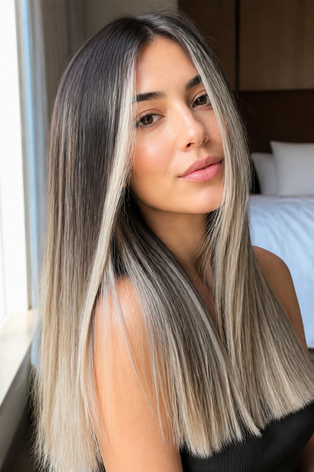 Close-up portrait of a real woman with ice blonde airy veils on dark hair, natural window light