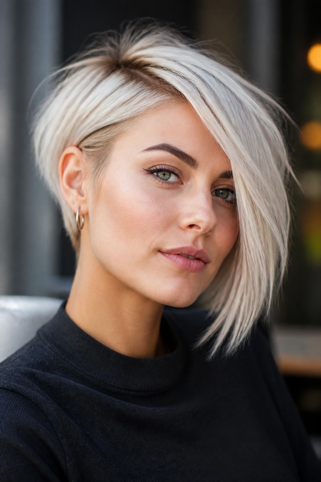 Real woman with ice blonde asymmetrical cut in urban light