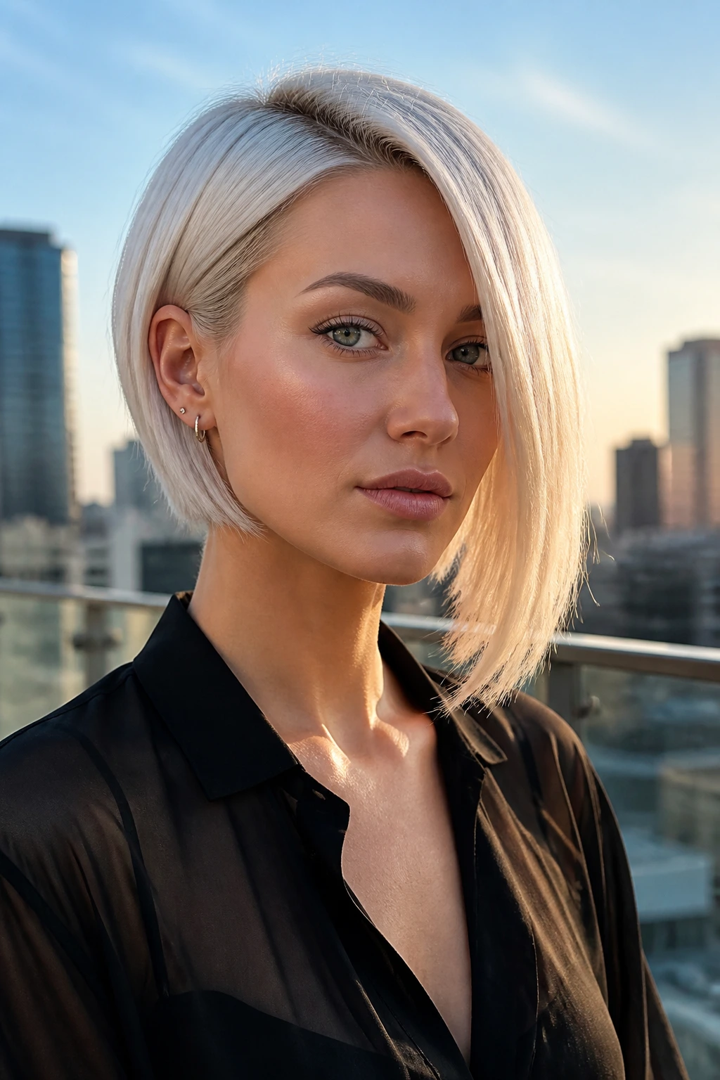 Close-up portrait of a real woman with asymmetrical ice-blonde bob
